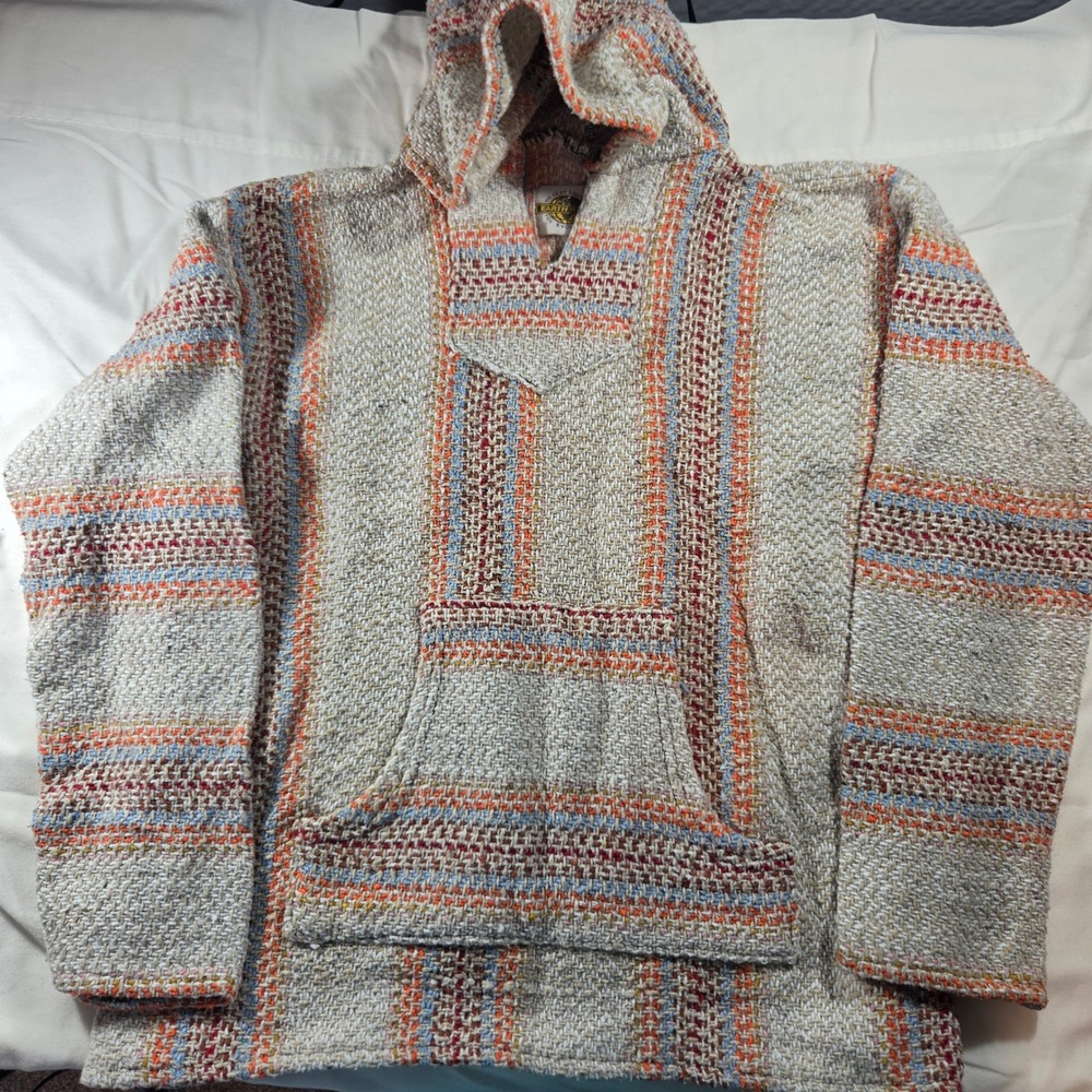 Earth Ragz Baja Hoodie Mens Medium Beige Orange Blue Striped Mexican Poncho M